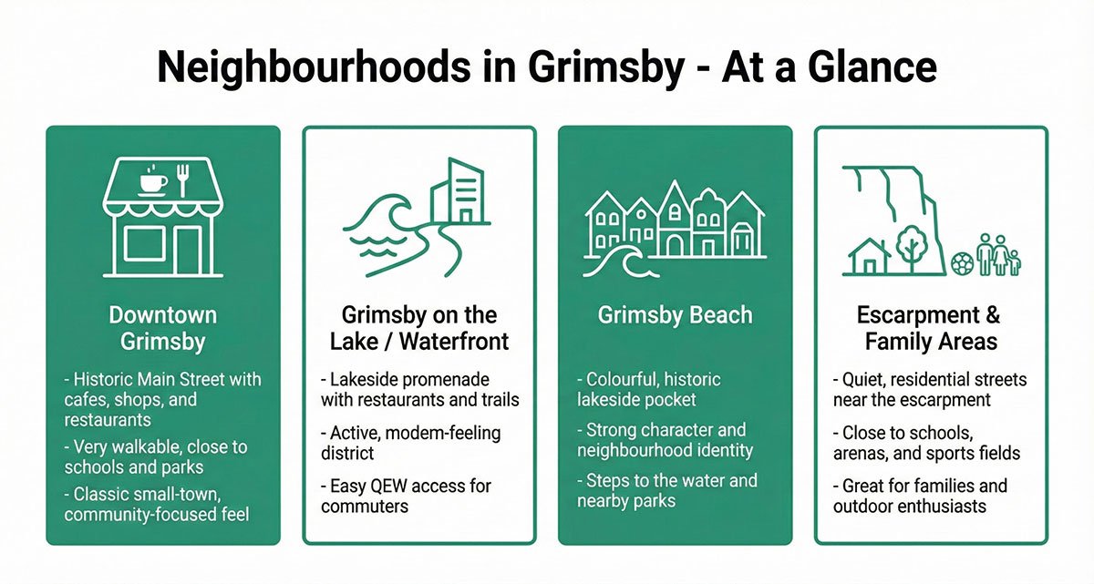 Neighbourhoods in Grimsby - At a Glance - Downtown Grimsby - Grimsby on the Lake / Waterfront - Grimsby Beach - Escarpment & Family Areas