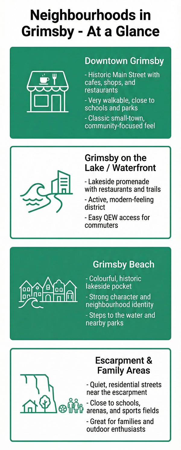 Neighbourhoods in Grimsby - At a Glance - Downtown Grimsby - Grimsby on the Lake / Waterfront - Grimsby Beach - Escarpment & Family Areas