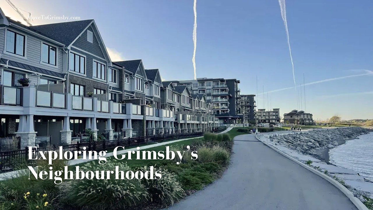 Waterfront townhomes and a paved lakeside trail beside Lake Ontario in Grimsby, Ontario.